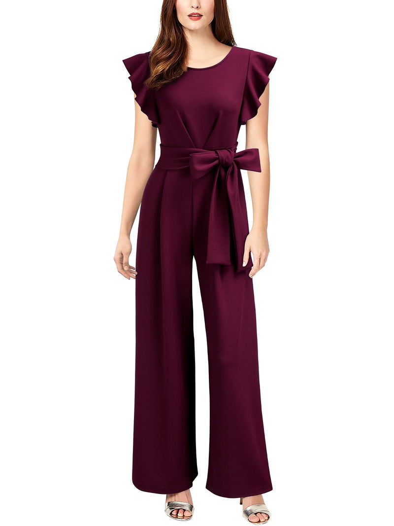 Knitee Women's Vintage Sleeveless Ruffle High Waist Wide Leg Romper Formal Long Jumpsuit with Belt (A-Burgundy, X-Large) - Image 1